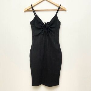 Black Ribbed Tie-Front Bodycon Mini Dress